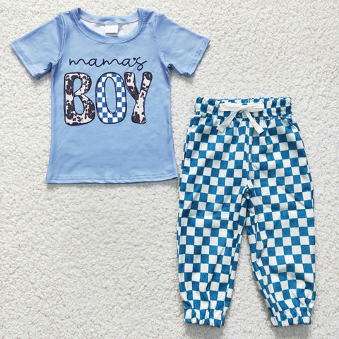 Boys blue checker pants mama's boy set