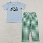 Green plaid tractor embroidery boys outfit