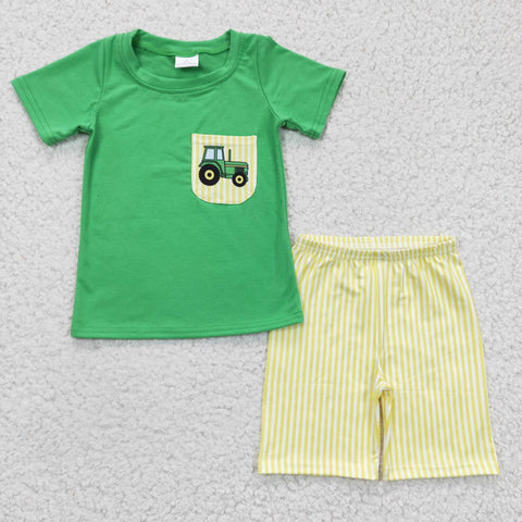 Green Cartoon Car Print Pocket Baby Boy Summer Outfits
