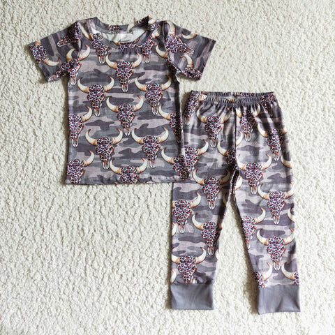 Leopard cattle print children western clothing kids boys grey sets baby boys camo outfits