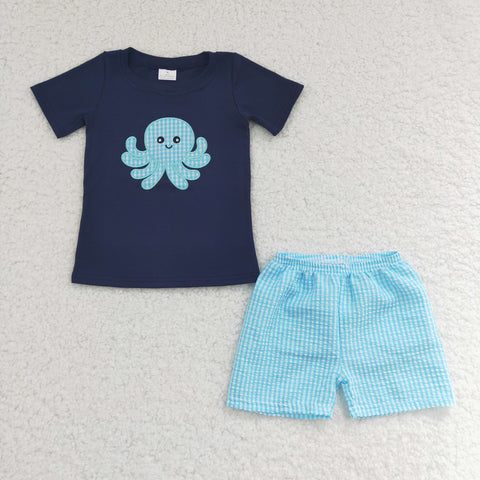 Navy top embroidered octopus baby boys shorts outfit