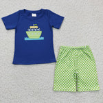 Embroidery Boys Green Plaid Shorts Set