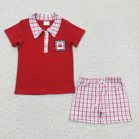 Crab embroidery red plaid shorts boys set