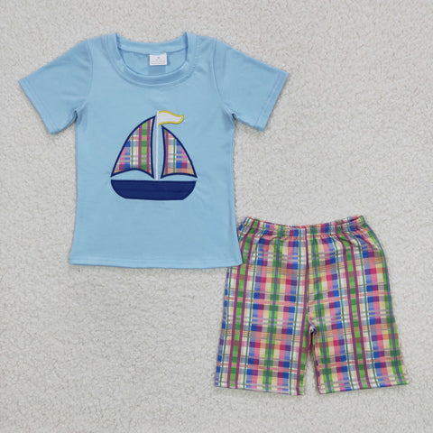 Sailboat embroidery kids blue set