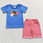 Embroidery baseball blue shirt boys shorts set