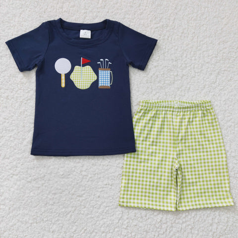 Boys embroidery navy shirt green plaid short set