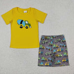 Embroidery yellow shirts kids boys shorts set