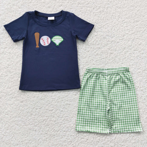 Kids baseball embroidery navy shirt boy green shorts set