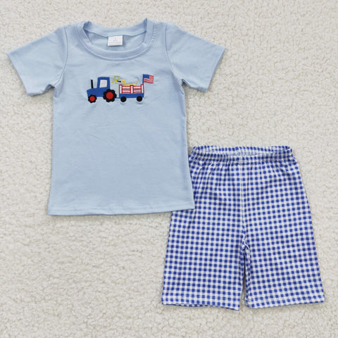 Tractor flag embroidery baby boy blue outfit