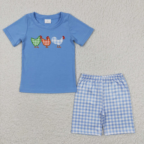 Embroidery chicken boys blue plaid set