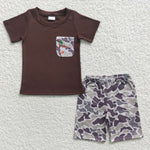 Duck pocket t shirt boys camo shorts set