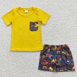 Little boys pocket yellow tractor shorts set