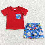 Boys tractor pocket shirt blue shorts set