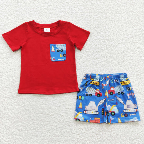 Boys tractor pocket shirt blue shorts set