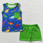 Kids boy dinosaur green shorts set