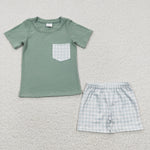 Boys green pocket shirt plaid shorts set