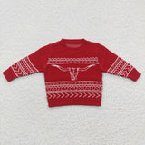 Cow pattern boys red round neck knitted sweater