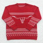 Cow pattern boys red round neck knitted sweater