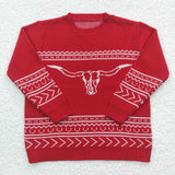 Cow pattern boys red round neck knitted sweater