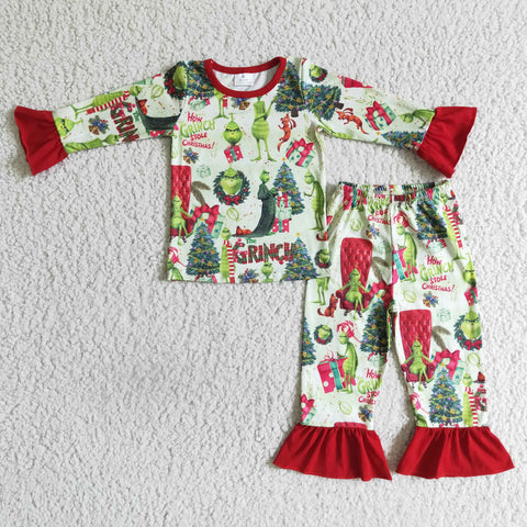 Christmas Girl Green Monster Tree Print Long Sleeve Shirt Ruffle Long Pants Girls Pajamas Outfit