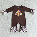 Thanksgiving Day Brown Turkey Embroidery Print Long Sleeve Baby Romper