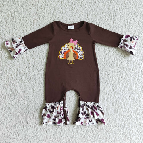 Thanksgiving Day Brown Turkey Embroidery Print Long Sleeve Baby Romper