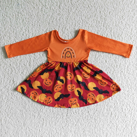 Halloween Pumpkin Print Baby Girls Orange Long Sleeve Twirl Dress
