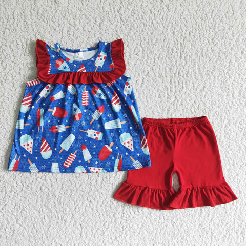4th Of July Summer Baby Girl Red Ice-cream Shorts Outfit