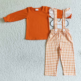 Fall Girl Overall Set Orange Long Sleeve Shirt Mouse Print Plaid Pants Outfit