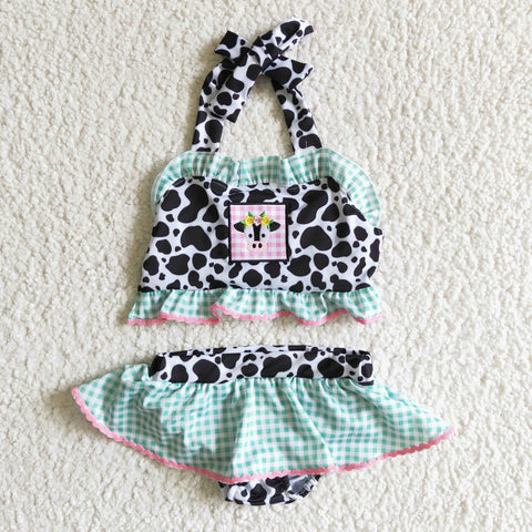 Cow Embroidery Plaid Girl 2 Pieces Swimsuits