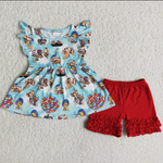 Red triple ruffle shorts summer girls cartoon outfit