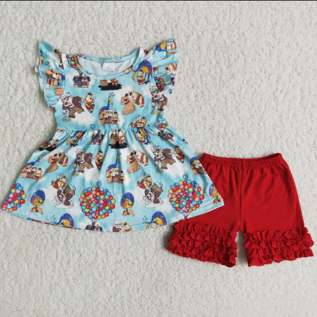 Red triple ruffle shorts summer girls cartoon outfit