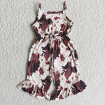 Brown cow print girls strap jumpsuit