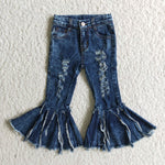 Bell bottom fringed girls distressed blue jeans