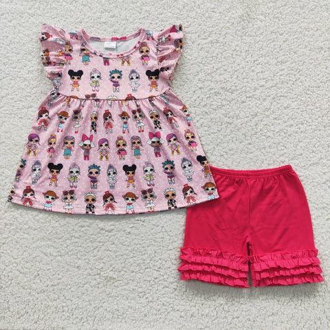 Baby girl cartoon ruffle shorts set