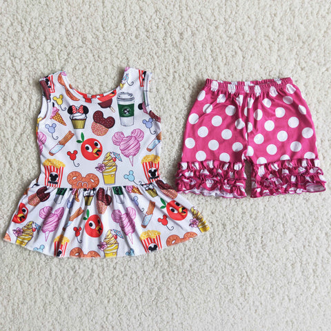 Cartoon Top Baby Dotted Ruffle Shorts Set