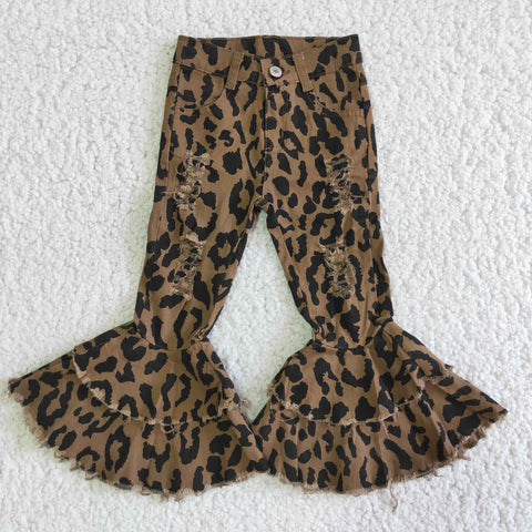 Girl Leopard Ruffles Ripped Jeans