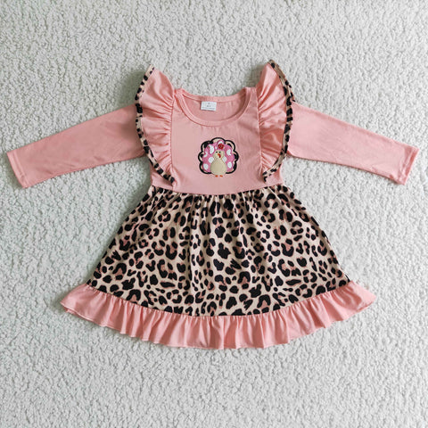 Thanksgiving Day Turkey Embroidery Leopard Print Baby Girls Long Sleeve Dress