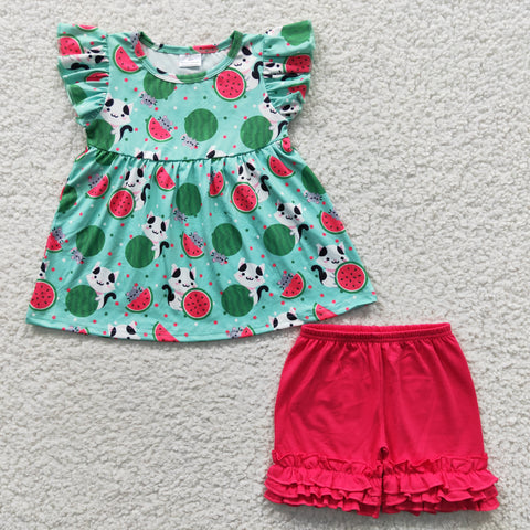 Girl Cat Watermelon Fuchsia Short Outfit