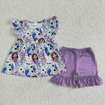 GSSO0068 Purple Flutter Sleeve Shirt Lavender Shorts Girls Outfit-promotion 2024.5.18