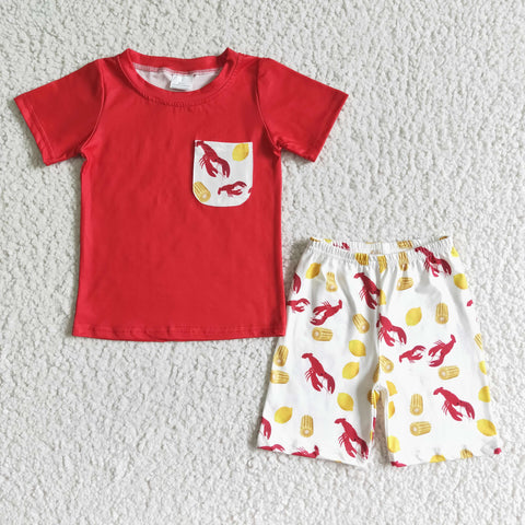 Red Pocket Lobster Print Shorts Baby Boy Summer Outfit