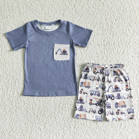 BSSO0063 Digging Excavator Pocket Kids Baby Boy Summer Outfit-promotion 2024.4.20