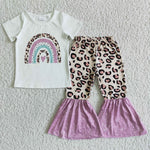 Rainbow Print Short Sleeve Shirt Leopard Bell Bottom Outfit