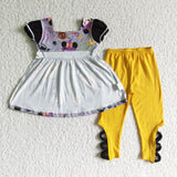 Halloween Girl Cute Mouse Print Short Sleeve Shirt Yellow Pants Outfit
