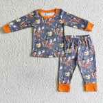 Boy Halloween Highland Cow Moon Print Long Sleeve Long Pants Pajamas Outfit