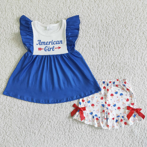 Girl Blue American Girl Fly Sleeves Red Bow Shorts Outfit