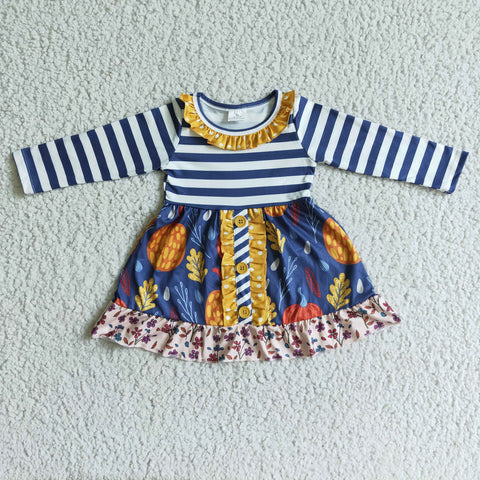 Fall Pumpkin Floral Print Baby Girls Blue Stripe Long Sleeve Dress