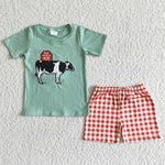 Green Cow Embroidery Cotton Shirt Plaid Shorts Boy Summer Outfits