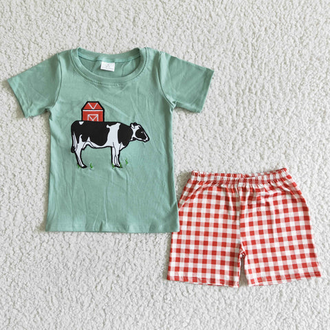 Green Cow Embroidery Cotton Shirt Plaid Shorts Boy Summer Outfits