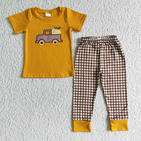 Fall Clothing Pumpkin Embroidery Print Yellow Short Sleeve Pants Outfit